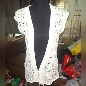 Ann Taylor Loft White Open-Front Knitted Cardigan Sweater In A Size Small